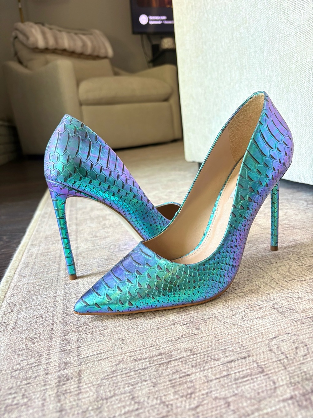 Steve Madden Vala Mermaid Pumps in Iridescent Turquoise, Green and Purple.